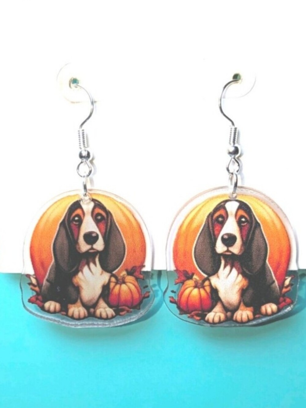 Basset Hound Pumpkin Acrylic Earrings - Orange/Black